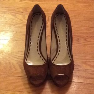 Cognac Faux Suede Peep Toe Platform Pumps